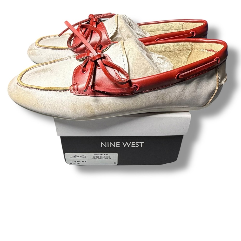 Nine West Yacht Boat Shoes 9.5M‎ White Red Leather Nautical Preppy Loafers